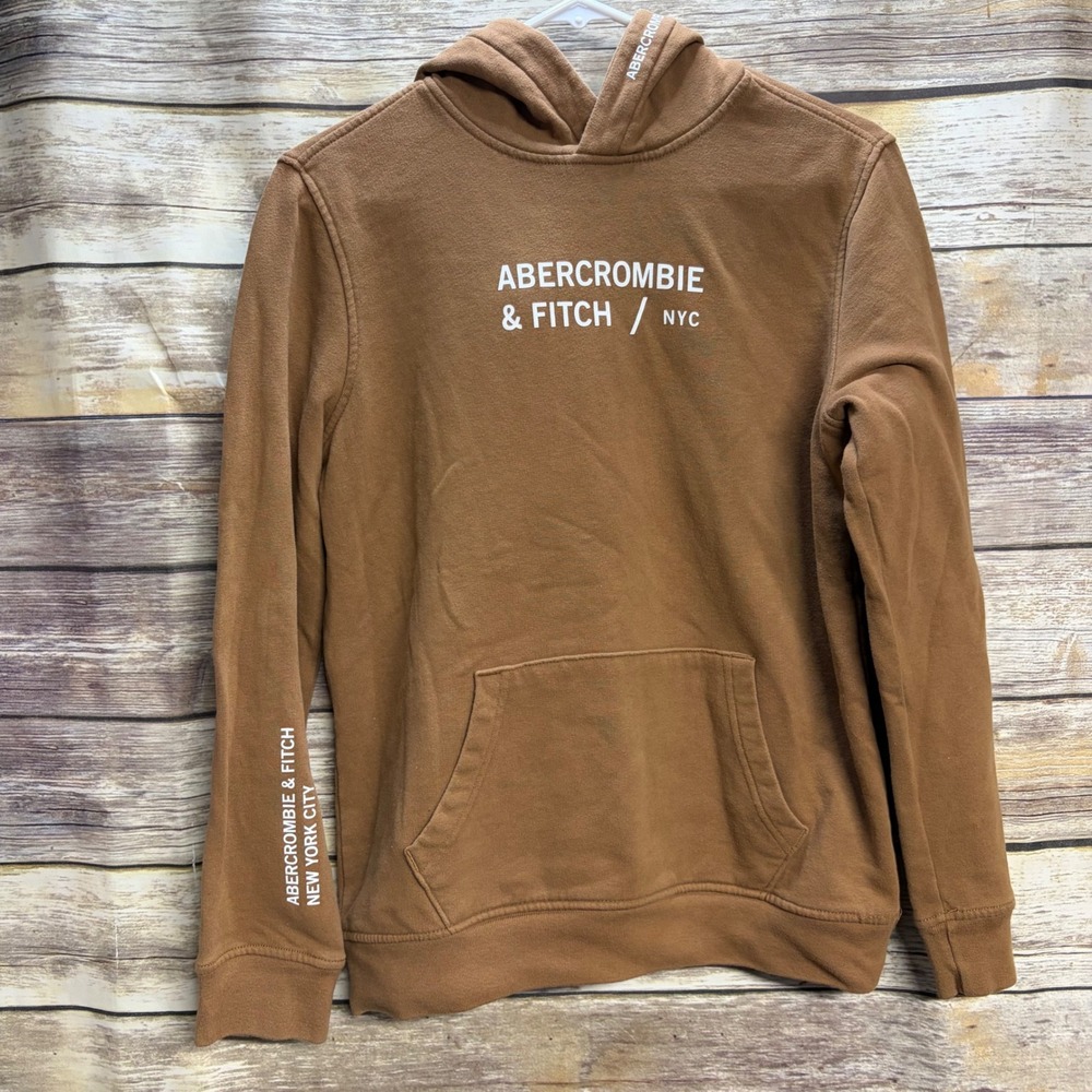Abercrombie Kids Brown Logo Hoodie Sweatshirt Size 15/16 NYC Graphic Fleece